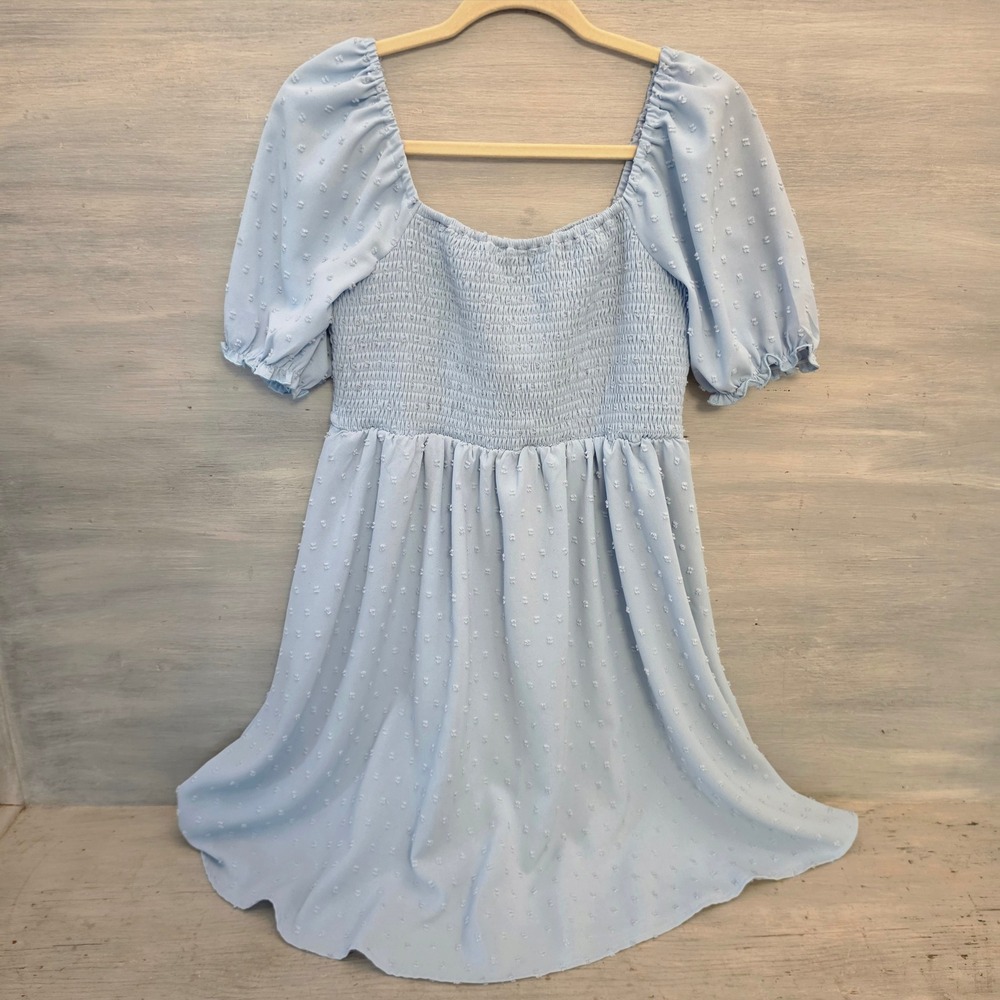 Pinup Fashion Pale Blue Swiss Dot Above Knee Baby Doll Dress Size Large GC - Picture 6 of 8